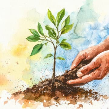 Watercolor of hands planting a small tree in soil, with a colorful background of blue, yellow, and green hues.